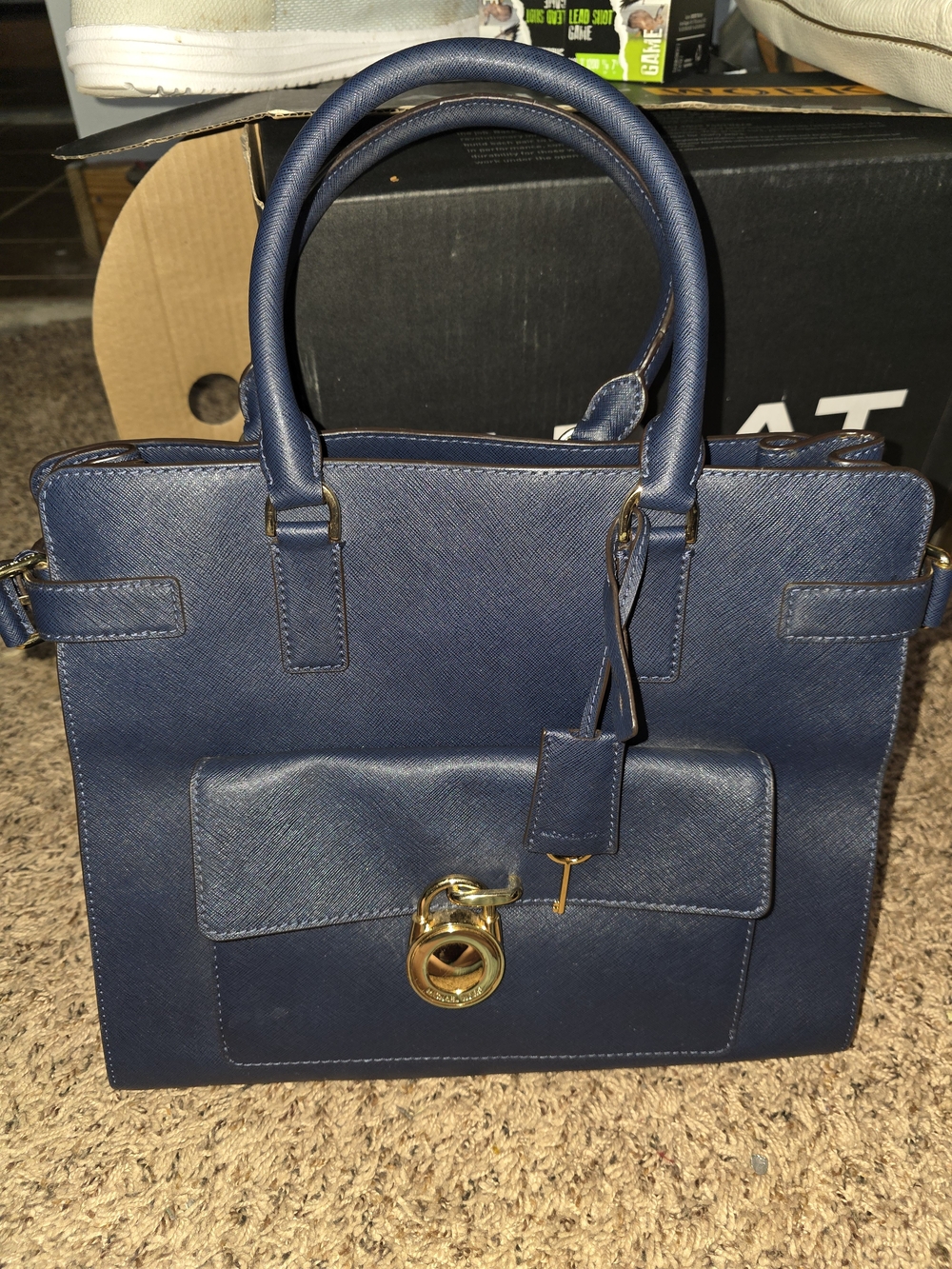 MICHAEL Michael Kors Emma Large Top-Handle Satchel In Navy Blue Saffiano Leather